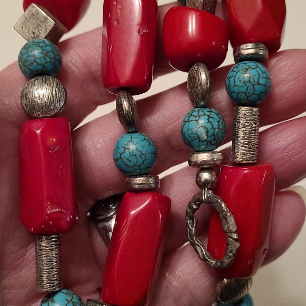 Faux Coral, Turquoise & Silvertone & Bead Necklace - Picture 8 of 9